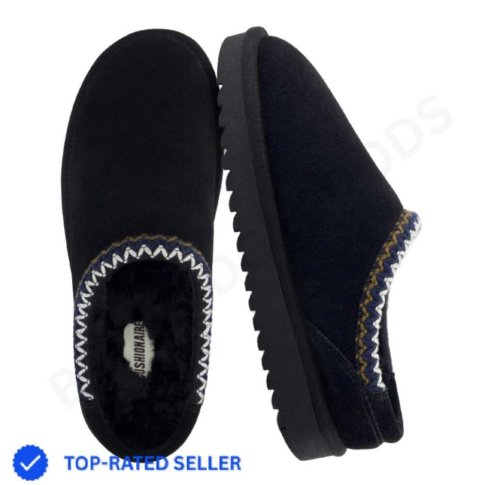 Suede Slip-On Mule Slippers Memory Foam Faux Fur Lined Cozy Chic Wide Fit
